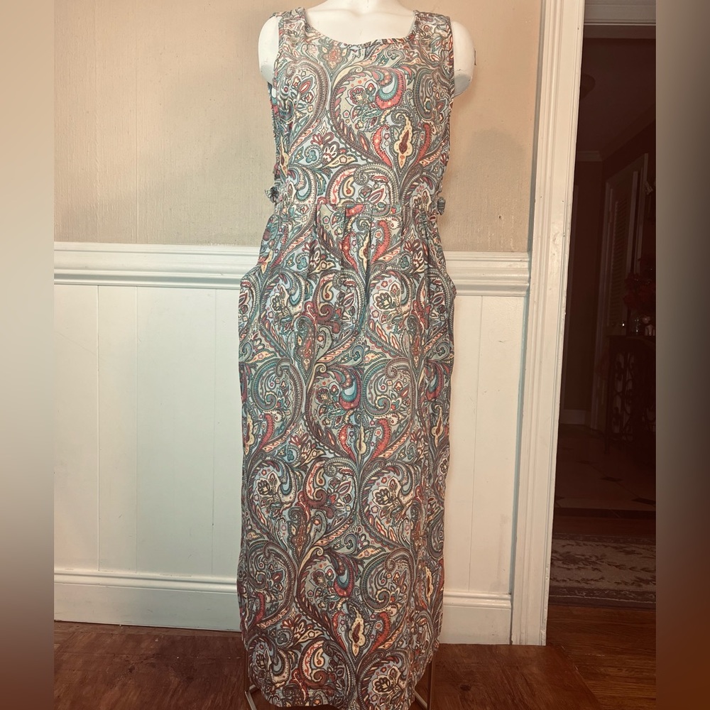 VINTAGE 90s dress green corduroy floral paisley sleeveless jumper midi L